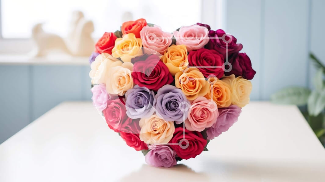 Intra Συλλεκτικό Ξύλινο Παζλ Plywood  4mm - Σύνθεση πολύχρωμων τριαντάφυλλων σε σχήμα καρδιάς σε ξύλινο τραπέζι Σε Ξύλινο Κουτί - Διαστάσεις Puzzle: 10x10 cm – 25 κομμάτια