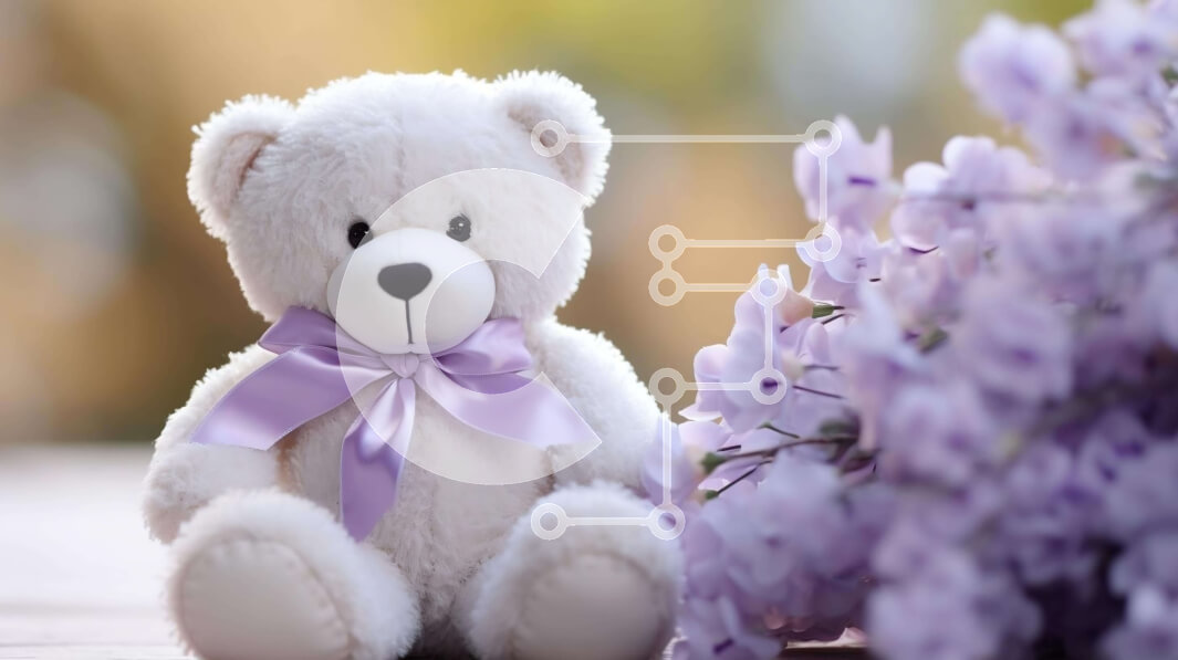 Intra Συλλεκτικό Ξύλινο Παζλ Plywood  4mm - Λευκό αρκουδάκι με μωβ κρίνους και τριαντάφυλλα σε ξύλινο τραπέζι Σε Ξύλινο Κουτί - Διαστάσεις: 10x10 cm – 25 κομμάτια