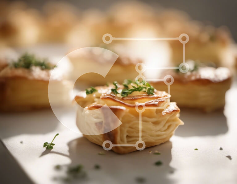 Σετ των 2 Intra Συλλεκτικό Ξύλινο Παζλ Plywood  4mm - Ποικιλία αρτοσκευασμάτων σε λευκό δίσκο με γαρνιτούρα μαϊντανού Σε Ξύλινο Κουτί - Διαστάσεις: 10x10 cm – 25 κομμάτια