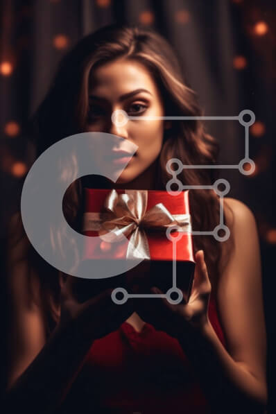 Intra Συλλεκτικό Ξύλινο Παζλ Plywood  4mm - Εορταστική εικόνα νεαρής γυναίκας που κρατά κουτί δώρου με κόκκινη κορδέλα Σε Ξύλινο Κουτί - Διαστάσεις Puzzle: 10x10 cm – 25 κομμάτια