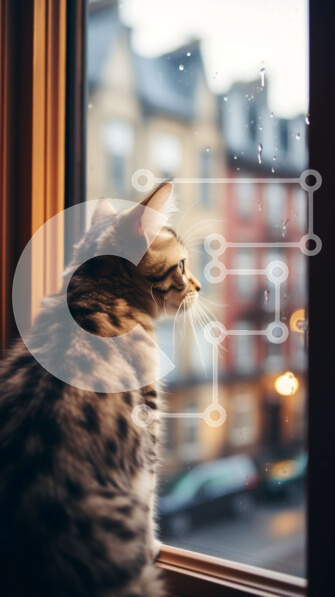 Σετ των 2 Intra Συλλεκτικό Ξύλινο Παζλ Plywood  4mm - Έντονη γάτα που κοιτάζει έξω από το παράθυρο σε ένα αστικό τοπίο Σε Ξύλινο Κουτί - Διαστάσεις: 10x10 cm – 25 κομμάτια