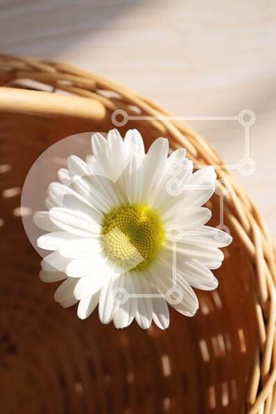 Σετ των 2 Intra Συλλεκτικό Ξύλινο Παζλ Plywood  4mm - Λευκό λουλούδι μαργαρίτας σε ψάθινο καλάθι σε ξύλινο τραπέζι Σε Ξύλινο Κουτί - Διαστάσεις: 10x10 cm – 25 κομμάτια