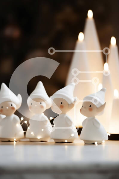 Intra Συλλεκτικό Ξύλινο Παζλ Plywood  4mm - Λευκά αγαλματίδια σε ένα τραπέζι με χριστουγεννιάτικα δέντρα Σε Ξύλινο Κουτί - Διαστάσεις: 10x10 cm – 25 κομμάτια