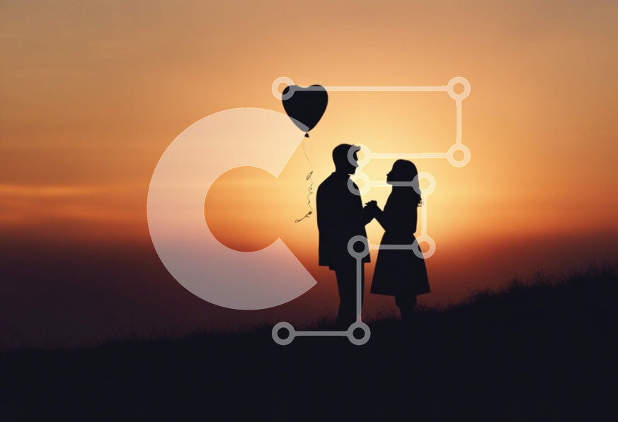 Intra Συλλεκτικό Ξύλινο Παζλ Plywood  4mm - Σιλουέτα του ζευγαριού που κρατά τα χέρια στο ηλιοβασίλεμα με μπαλόνι σε σχήμα καρδιάς Σε Ξύλινο Κουτί - Διαστάσεις Puzzle: 10x10 cm – 25 κομμάτια