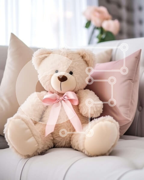 Intra Συλλεκτικό Ξύλινο Παζλ Plywood  4mm - Χαριτωμένο αρκουδάκι στον καναπέ με ροζ φιόγκο Σε Ξύλινο Κουτί - Διαστάσεις Puzzle: 10x10 cm – 25 κομμάτια