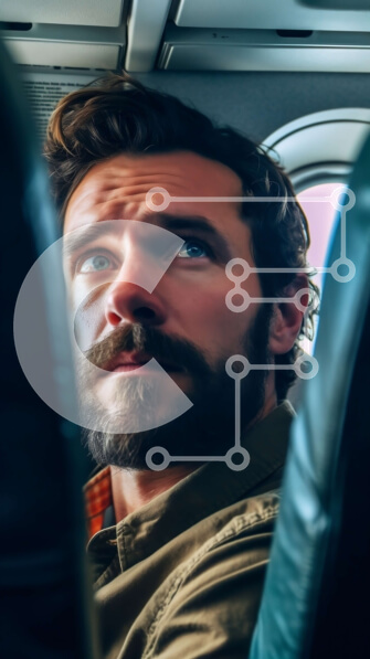 Intra Συλλεκτικό Ξύλινο Παζλ Plywood  4mm - Άνδρας με καφέ σακάκι καθισμένος σε αεροπλάνο και κοιτάζει έξω από το παράθυρο Σε Ξύλινο Κουτί - Διαστάσεις Puzzle: 10x10 cm – 25 κομμάτια