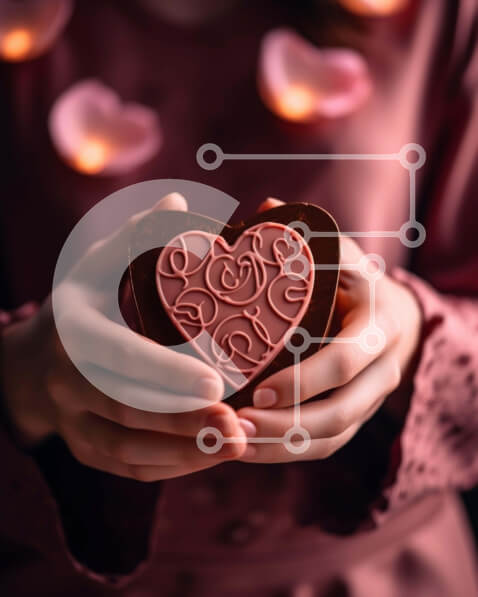 Intra Συλλεκτικό Ξύλινο Παζλ Plywood  4mm - Γυναίκα που κρατά μπάρα σοκολάτας σε σχήμα καρδιάς με κόκκινα τριαντάφυλλα Σε Ξύλινο Κουτί - Διαστάσεις Puzzle: 10x10 cm – 25 κομμάτια