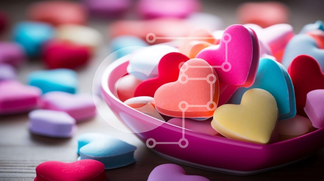 Σετ των 2 Intra Συλλεκτικό Ξύλινο Παζλ Plywood  4mm - Πολύχρωμες καραμέλες σε σχήμα καρδιάς σε ροζ μπολ Σε Ξύλινο Κουτί - Διαστάσεις: 10x10 cm – 25 κομμάτια