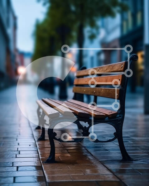 Intra Συλλεκτικό Ξύλινο Παζλ Plywood  4mm - Serenity in the City: Ξύλινος πάγκος σε υγρό πεζοδρόμιο στο σούρουπο Σε Ξύλινο Κουτί - Διαστάσεις Puzzle: 10x10 cm – 25 κομμάτια