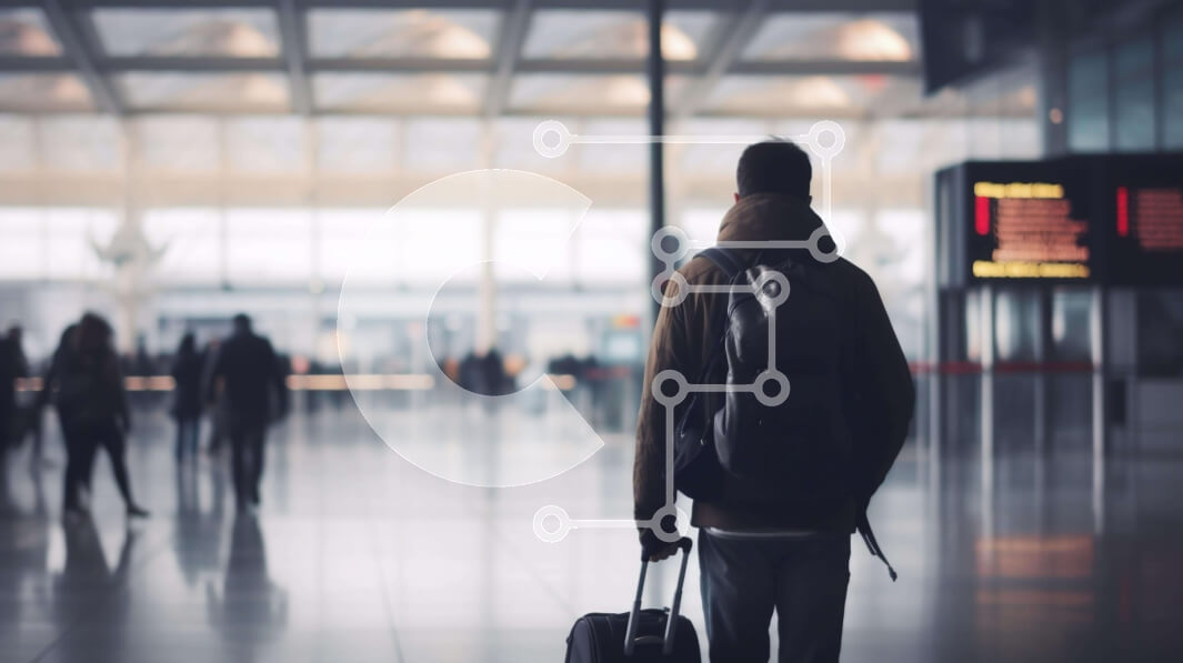 Intra Συλλεκτικό Ξύλινο Παζλ Plywood  4mm - Άνθρωπος που περπατά μέσα από τον τερματικό σταθμό του αεροδρομίου με τη βαλίτσα Σε Ξύλινο Κουτί - Διαστάσεις Puzzle: 10x10 cm – 25 κομμάτια