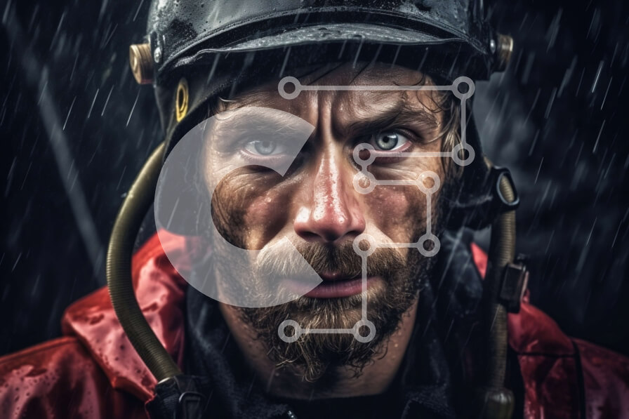 Intra Συλλεκτικό Ξύλινο Παζλ Plywood  4mm - Σοβαρός άνδρας με κόκκινο σακάκι και κράνος που στέκεται στη βροχή Σε Ξύλινο Κουτί - Διαστάσεις Puzzle: 10x10 cm – 25 κομμάτια