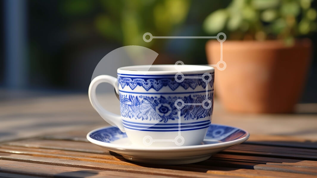 Intra Συλλεκτικό Ξύλινο Παζλ Plywood  4mm - Μπλε και άσπρο κεραμικό φλιτζάνι καφέ και πιατάκι σε ξύλινο τραπέζι Σε Ξύλινο Κουτί - Διαστάσεις Puzzle: 10x10 cm – 25 κομμάτια