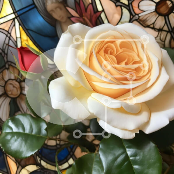 Σετ των 2 Intra Συλλεκτικό Ξύλινο Παζλ Plywood  4mm - Λευκό τριαντάφυλλο μπροστά από βιτρό Σε Ξύλινο Κουτί - Διαστάσεις: 10x10 cm – 25 κομμάτια