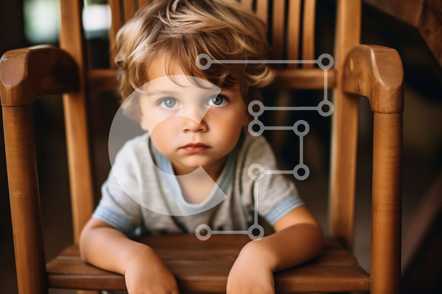 Intra Συλλεκτικό Ξύλινο Παζλ Plywood  4mm - Σοβαρό πορτρέτο ενός νεαρού αγοριού που κάθεται σε μια ξύλινη καρέκλα Σε Ξύλινο Κουτί - Διαστάσεις Puzzle: 10x10 cm – 25 κομμάτια