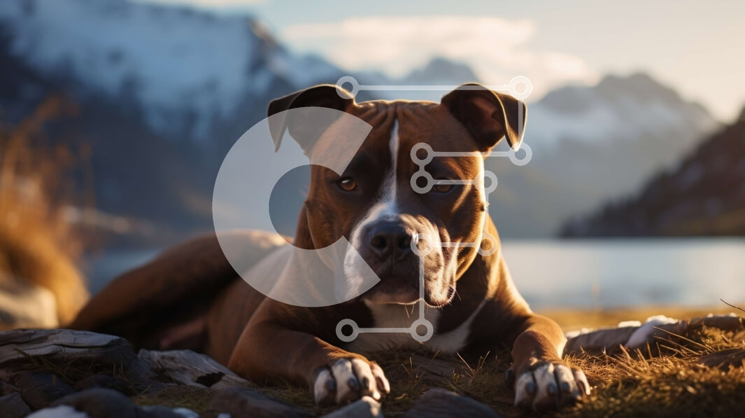 Intra Συλλεκτικό Ξύλινο Παζλ Plywood  4mm - Καφέ και λευκό σκυλί μπόξερ που χαλαρώνει δίπλα σε μια λίμνη με βουνά Σε Ξύλινο Κουτί - Διαστάσεις: 10x10 cm – 25 κομμάτια