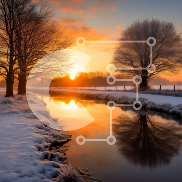 Intra Συλλεκτικό Ξύλινο Παζλ Plywood  4mm - Χιονισμένος ποταμός και δέντρα στο ηλιοβασίλεμα Σε Ξύλινο Κουτί - Διαστάσεις: 10x10 cm – 25 κομμάτια