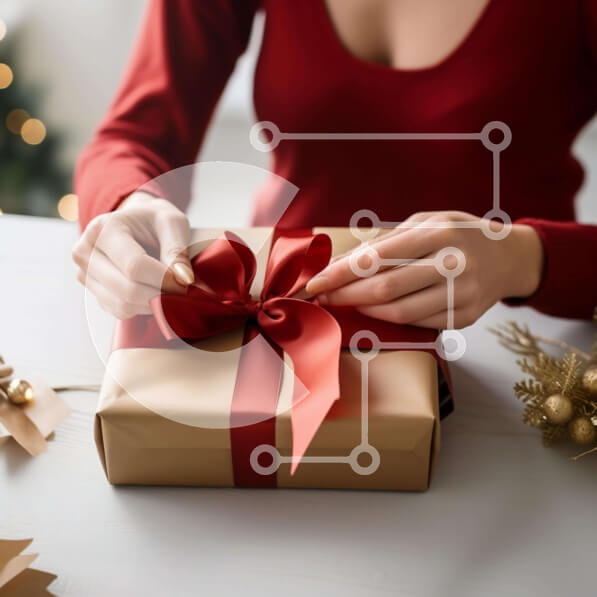 Intra Συλλεκτικό Ξύλινο Παζλ Plywood  4mm - Γυναίκα που τυλίγει το χριστουγεννιάτικο δώρο με την κόκκινη κορδέλα Σε Ξύλινο Κουτί - Διαστάσεις: 10x10 cm – 25 κομμάτια