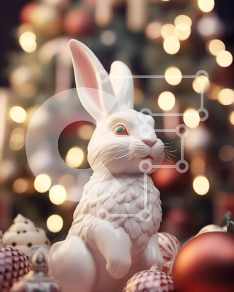 Intra Συλλεκτικό Ξύλινο Παζλ Plywood  4mm - Άγαλμα λευκού κουνελιού μπροστά από το διακοσμημένο χριστουγεννιάτικο δέντρο Σε Ξύλινο Κουτί - Διαστάσεις: 10x10 cm – 25 κομμάτια