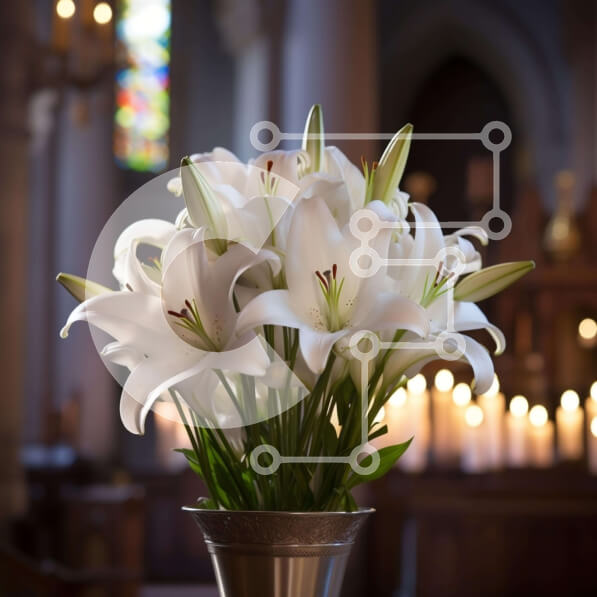 Intra Συλλεκτικό Ξύλινο Παζλ Plywood  4mm - Ασημένιο βάζο με λευκούς κρίνους σε σκηνικό εκκλησίας Σε Ξύλινο Κουτί - Διαστάσεις Puzzle: 10x10 cm – 25 κομμάτια