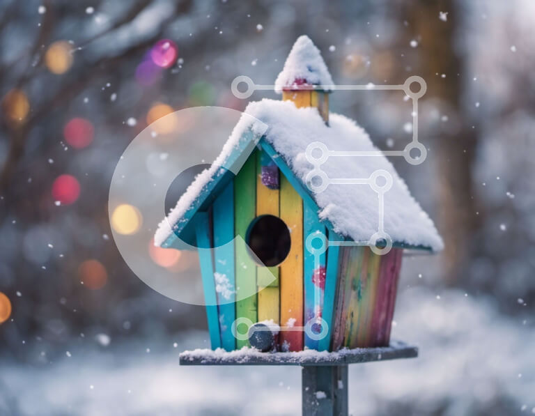 Intra Συλλεκτικό Ξύλινο Παζλ Plywood  4mm - Πολύχρωμο Birdhouse στο χιόνι Σε Ξύλινο Κουτί - Διαστάσεις: 10x10 cm – 25 κομμάτια