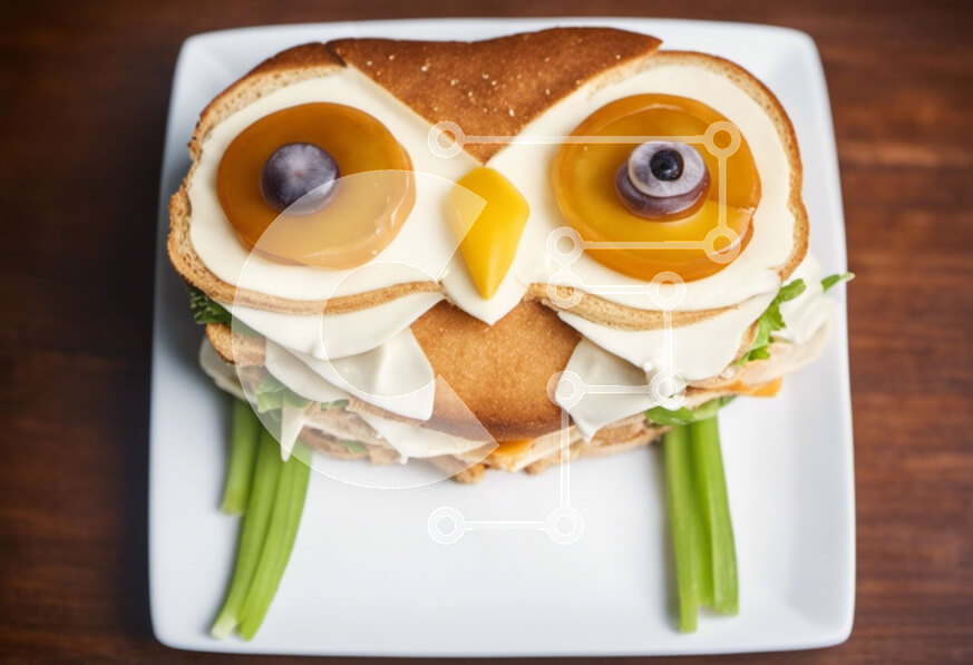 Σετ των 2 Intra Συλλεκτικό Ξύλινο Παζλ Plywood  4mm - Σάντουιτς σε σχήμα κουκουβάγιας με πράσινα λαχανικά σε ένα άσπρο πιάτο Σε Ξύλινο Κουτί - Διαστάσεις: 10x10 cm – 25 κομμάτια