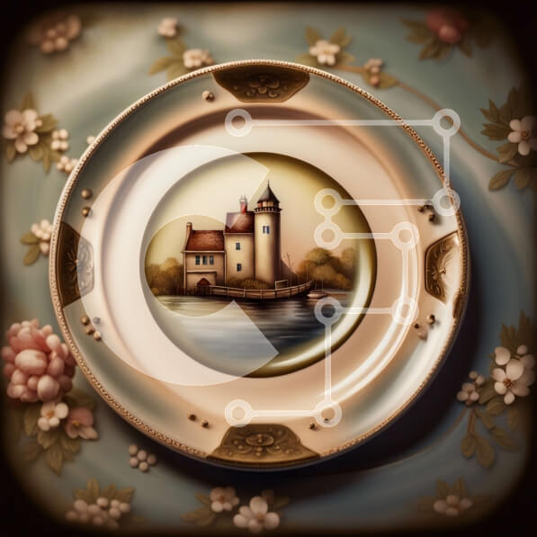 Intra Συλλεκτικό Ξύλινο Παζλ Plywood  4mm - Όμορφο πιάτο με ζωγραφική του κάστρου σε λουλουδάτο τραπεζομάντιλο Σε Ξύλινο Κουτί - Διαστάσεις Puzzle: 10x10 cm – 25 κομμάτια