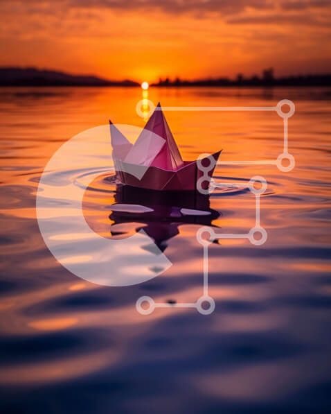 Intra Συλλεκτικό Ξύλινο Παζλ Plywood  4mm - Όμορφο ηλιοβασίλεμα με μια ροζ χάρτινη βάρκα που επιπλέει στο μπλε νερό Σε Ξύλινο Κουτί - Διαστάσεις: 10x10 cm – 25 κομμάτια