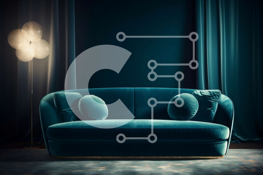 Intra Συλλεκτικό Ξύλινο Παζλ Plywood  4mm - Άνετος μπλε βελούδινος καναπές σε ένα σκούρο γκρι δωμάτιο με ξύλινο πάτωμα σανίδας Σε Ξύλινο Κουτί - Διαστάσεις Puzzle: 10x10 cm – 25 κομμάτια