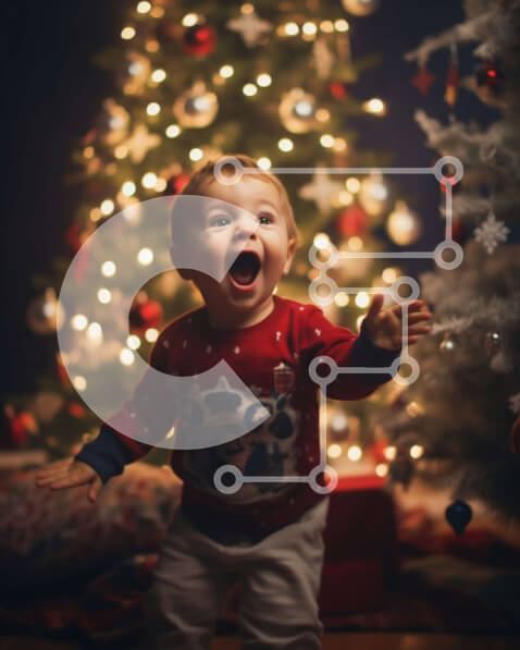 Intra Συλλεκτικό Ξύλινο Παζλ Plywood  4mm - Χαριτωμένο μωρό με κόκκινο πουλόβερ με χριστουγεννιάτικο δέντρο στο φόντο Σε Ξύλινο Κουτί - Διαστάσεις Puzzle: 10x10 cm – 25 κομμάτια