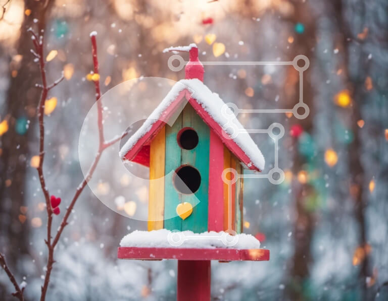 Intra Συλλεκτικό Ξύλινο Παζλ Plywood  4mm - Winter Wonderland: Colorful Birdhouse στο Snowy Forest Σε Ξύλινο Κουτί - Διαστάσεις: 10x10 cm – 25 κομμάτια