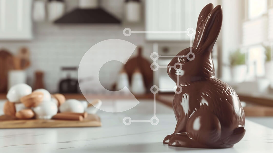 Intra Συλλεκτικό Ξύλινο Παζλ Plywood  4mm - Σοκολατένιο άγαλμα πασχαλινό λαγουδάκι σε πάγκο γεμάτο αυγά Σε Ξύλινο Κουτί - Διαστάσεις: 10x10 cm – 25 κομμάτια