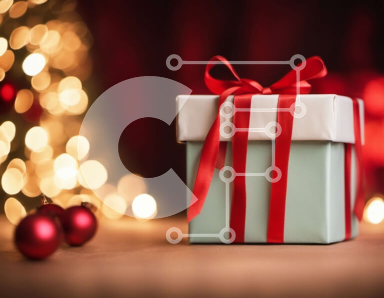 Intra Συλλεκτικό Ξύλινο Παζλ Plywood  4mm - Μπλε κουτί δώρου με κόκκινη κορδέλα σε χριστουγεννιάτικα στολίδια Σε Ξύλινο Κουτί - Διαστάσεις: 10x10 cm – 25 κομμάτια