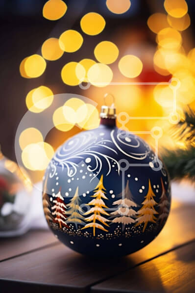 Intra Συλλεκτικό Ξύλινο Παζλ Plywood  4mm - Μπλε στολίδι με πεύκα και νιφάδες χιονιού σε ξύλινο τραπέζι Σε Ξύλινο Κουτί - Διαστάσεις: 10x10 cm – 25 κομμάτια