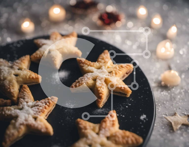 Intra Συλλεκτικό Ξύλινο Παζλ Plywood  4mm - Γιορτινά μπισκότα σε σχήμα αστεριού σε μαύρο πιάτο με κεριά και νιφάδες χιονιού Σε Ξύλινο Κουτί - Διαστάσεις: 10x10 cm – 25 κομμάτια