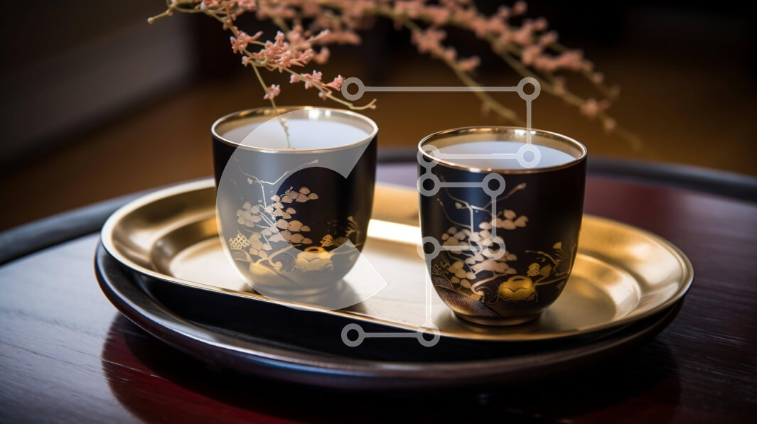 Intra Συλλεκτικό Ξύλινο Παζλ Plywood  4mm - Μαύρα και χρυσά κύπελλα σε δίσκο με λουλούδια Σε Ξύλινο Κουτί - Διαστάσεις: 10x10 cm – 25 κομμάτια