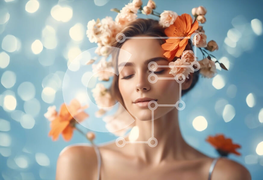 Intra Συλλεκτικό Ξύλινο Παζλ Plywood  4mm - Όμορφη γυναίκα με λουλούδια στα μαλλιά της σε αφηρημένο μπλε φόντο Σε Ξύλινο Κουτί - Διαστάσεις Puzzle: 10x10 cm – 25 κομμάτια