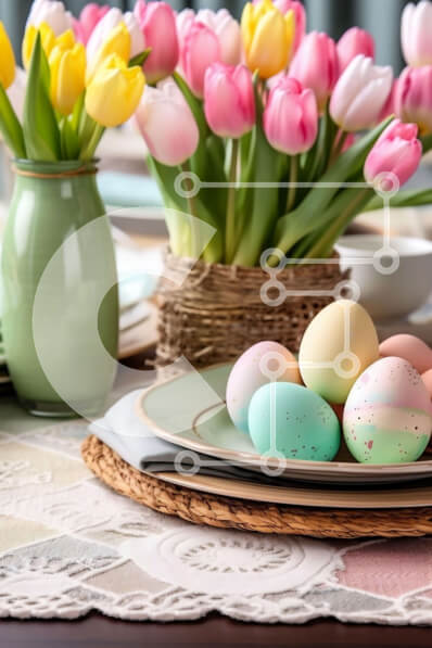 Intra Συλλεκτικό Ξύλινο Παζλ Plywood  4mm - Πασχαλινό τραπέζι με πολύχρωμα αυγά και τουλίπες Σε Ξύλινο Κουτί - Διαστάσεις: 10x10 cm – 25 κομμάτια