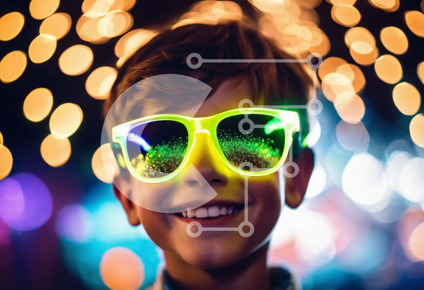 Intra Συλλεκτικό Ξύλινο Παζλ Plywood  4mm - Νεαρό αγόρι που φοράει έντονα χρωματιστά γυαλιά ηλίου και χαμογελά Σε Ξύλινο Κουτί - Διαστάσεις Puzzle: 10x10 cm – 25 κομμάτια