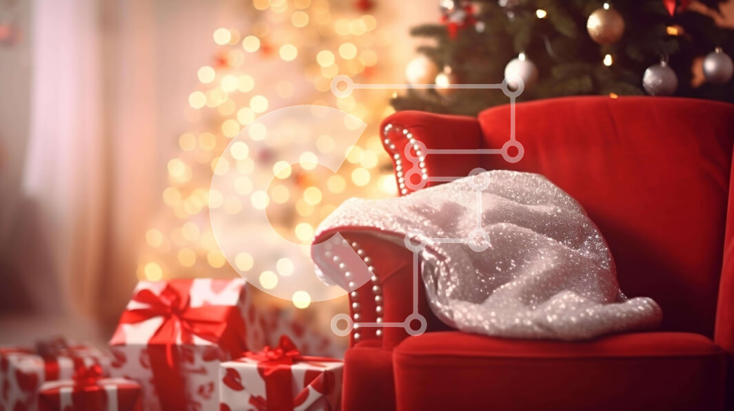 Intra Συλλεκτικό Ξύλινο Παζλ Plywood  4mm - Κόκκινη καρέκλα μπροστά από το στολισμένο χριστουγεννιάτικο δέντρο και τα δώρα Σε Ξύλινο Κουτί - Διαστάσεις: 10x10 cm – 25 κομμάτια