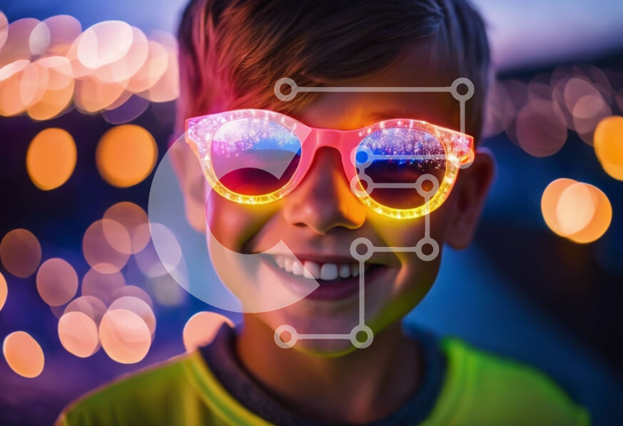 Intra Συλλεκτικό Ξύλινο Παζλ Plywood  4mm - Νεαρό αγόρι φοράει πολύχρωμα γυαλιά ηλίου και χαμογελά στην κάμερα Σε Ξύλινο Κουτί - Διαστάσεις Puzzle: 10x10 cm – 25 κομμάτια