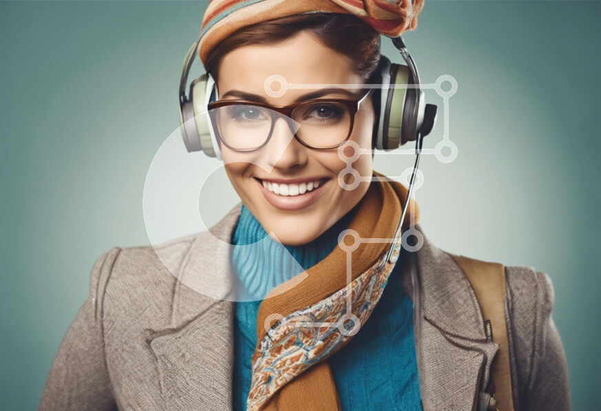 Intra Συλλεκτικό Ξύλινο Παζλ Plywood  4mm - Χαμογελαστή γυναίκα που φορά ακουστικά και γυαλιά Σε Ξύλινο Κουτί - Διαστάσεις Puzzle: 10x10 cm – 25 κομμάτια