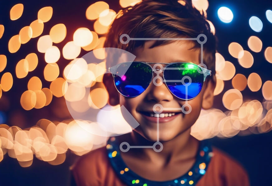 Intra Συλλεκτικό Ξύλινο Παζλ Plywood  4mm - Χαμογελαστό αγόρι που φοράει γυαλιά ηλίου μπροστά από τα πολύχρωμα φώτα Σε Ξύλινο Κουτί - Διαστάσεις Puzzle: 10x10 cm – 25 κομμάτια