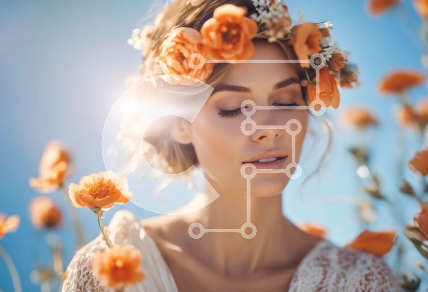 Intra Συλλεκτικό Ξύλινο Παζλ Plywood  4mm - Νεαρή γυναίκα στον τομέα των λουλουδιών φορώντας πορτοκαλί στέμμα λουλουδιών Σε Ξύλινο Κουτί - Διαστάσεις Puzzle: 10x10 cm – 25 κομμάτια