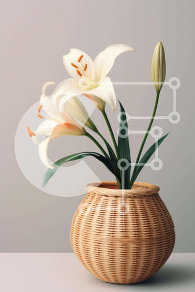 Σετ των 2 Intra Συλλεκτικό Ξύλινο Παζλ Plywood  4mm - Λευκοί κρίνοι σε ένα ψάθινο καλάθι σε ένα τραπέζι Σε Ξύλινο Κουτί - Διαστάσεις: 10x10 cm – 25 κομμάτια