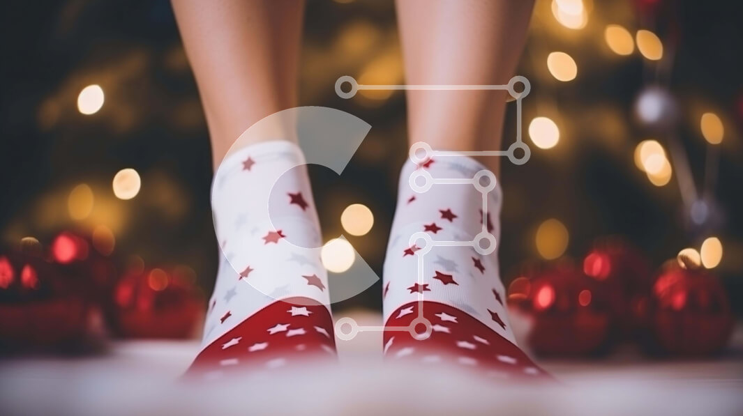 Intra Συλλεκτικό Ξύλινο Παζλ Plywood  4mm - Γυναικεία πόδια με κόκκινες και λευκές χριστουγεννιάτικες κάλτσες Σε Ξύλινο Κουτί - Διαστάσεις Puzzle: 10x10 cm – 25 κομμάτια