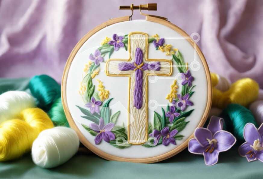 Intra Συλλεκτικό Ξύλινο Παζλ Plywood  4mm - Θρησκευτικό τσέρκι κεντήματος με σταυρό και μωβ λουλούδια Σε Ξύλινο Κουτί - Διαστάσεις Puzzle: 10x10 cm – 25 κομμάτια