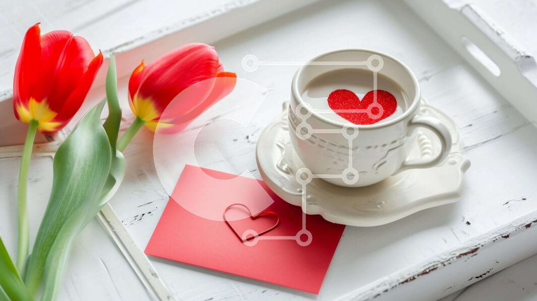 Intra Συλλεκτικό Ξύλινο Παζλ Plywood  4mm - Καφές, κόκκινες τουλίπες και κάρτα σε σχήμα καρδιάς για ειδικές περιστάσεις Σε Ξύλινο Κουτί - Διαστάσεις: 10x10 cm – 25 κομμάτια