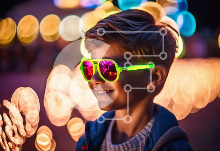 Intra Συλλεκτικό Ξύλινο Παζλ Plywood  4mm - Νεαρό αγόρι με χρωματιστά γυαλιά ηλίου και φώτα τη νύχτα Σε Ξύλινο Κουτί - Διαστάσεις Puzzle: 10x10 cm – 25 κομμάτια