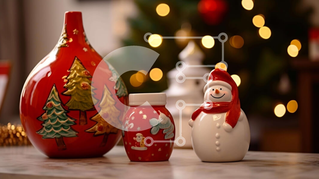 Intra Συλλεκτικό Ξύλινο Παζλ Plywood  4mm - Κόκκινο βάζο χιονάνθρωπος και χριστουγεννιάτικα στολίδια στο τραπέζι Σε Ξύλινο Κουτί - Διαστάσεις: 10x10 cm – 25 κομμάτια