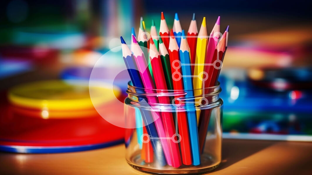 Intra Συλλεκτικό Ξύλινο Παζλ Plywood  4mm - Πολύχρωμα μολύβια σε ένα γυάλινο βάζο σε ένα τραπέζι Σε Ξύλινο Κουτί - Διαστάσεις Puzzle: 10x10 cm – 25 κομμάτια